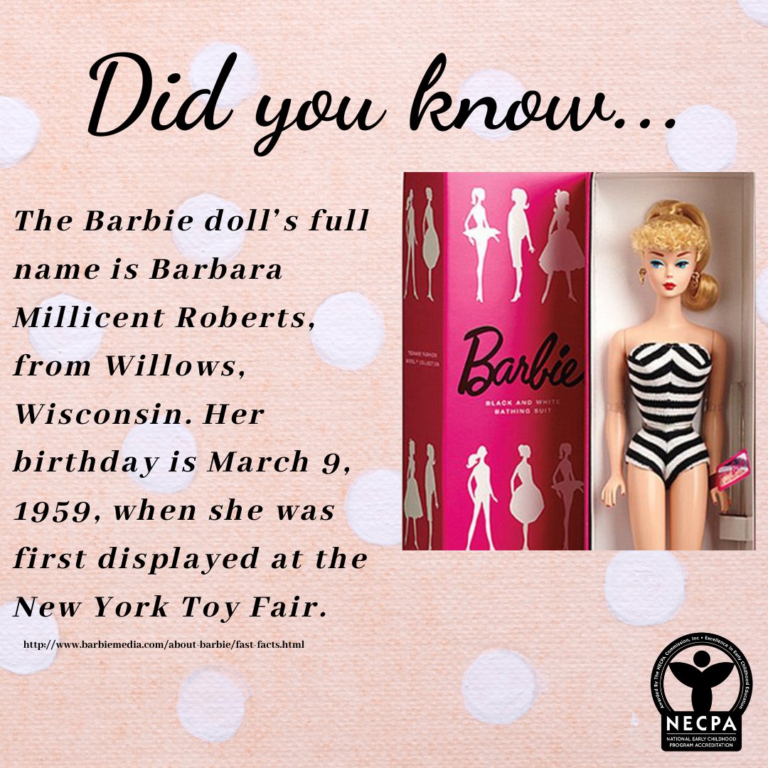 Did you know Barbie's full name? We sure didn't! #funfactfriday #HappyFriday  #sensoryplay  #teacher #toddlers  #handsonlearning #toddleractivities #prek #accreditation #playislearning #finemotorskills #babies #kindergarten #highqualityeducation #savechildcare @TheNECPA