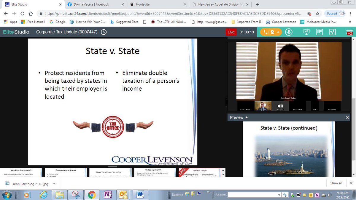 Next up - Our Partner #MichaelSalad speaks at the New Jersey Society of CPAs  webinar. His session title is "Working From Home: State Income Tax Consequences."