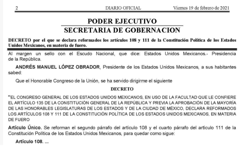 DOF_SEGOB's tweet photo. #19DeFebrero2021 Decreto por el que se declara reformados los artículos 108 y 111 de la Constitución Política de los Estados Unidos Mexicanos, en materia de #fuero.

@SEGOB_mx  #CPEUM

👉 https://t.co/8D9bbuX6vh https://t.co/Py7gPc0WE2