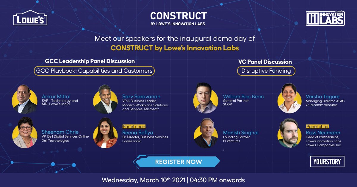 Join us for the inaugural demo day of #CONSTRUCT by <a href="/LowesLabs/">Lowe's Innovation Labs</a>, as we partner with Indian tech luminaries to explore the customer of the future through demos, keynote speakers &amp; panels

10th March, 4:30 - 8 PM IST

Register: bit.ly/2YOW9ul

#Innovation #startups