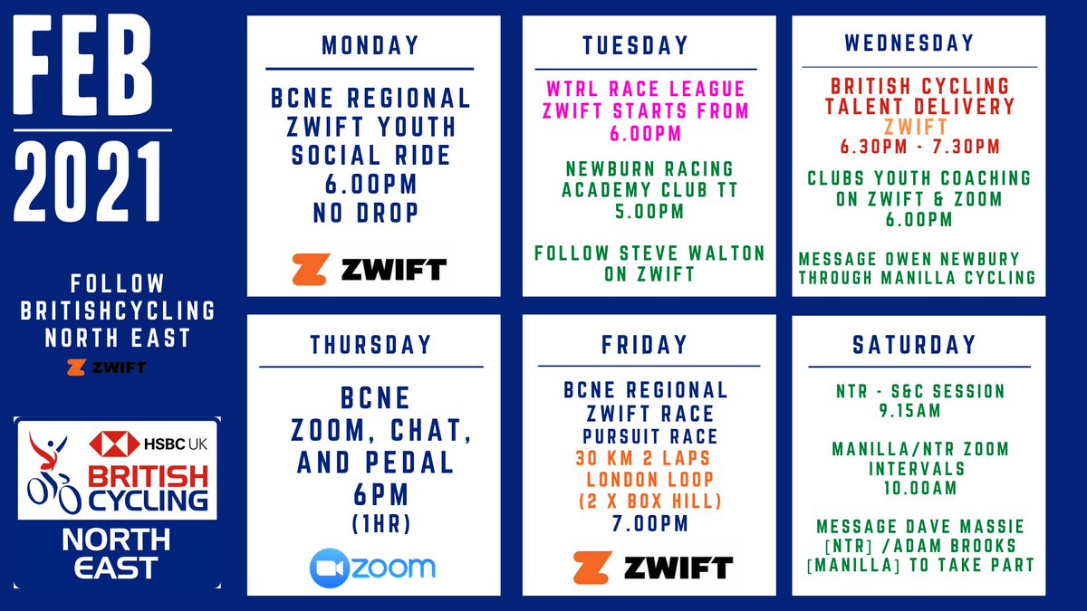 Looking for indoor training inspiration this week?  
British Cycling NE have something for everybody. 

For Zwift activity follow British Cycling NE

Or Join us on Zoom for 'Chat &amp; Pedal' on any type of indoor trainer or exercise bike 
sign up ➡️smartsurvey.co.uk/s/IHMGCI/