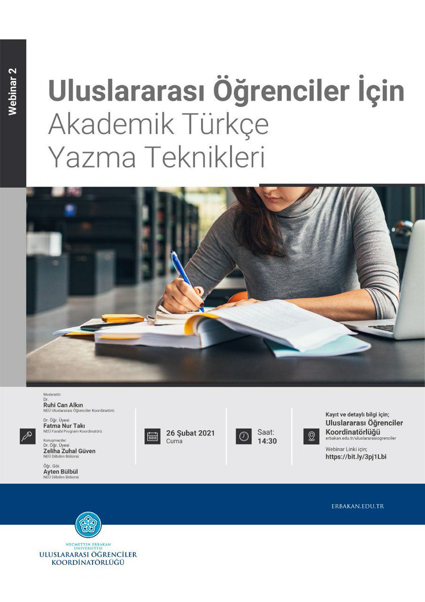 Necmettin Erbakan Üniversitesinin düzenleyeceği
Uluslararası Öğrenciler İçin Akademik Türkçe Yazma Teknikleri Programı
🗓 26 Şubat
⏰ 14:30'da
Kayıt ve detaylı bilgi için: event.webinarjam.com/register/432/5…
Web sitesini ziyaret edebilirsiniz.