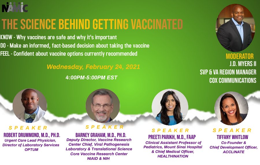 NAMICNEXT's tweet image. Let's talk about the science behind getting vaccinated. Join us on Wednesday, February 24 at 4pm EST to get the #FACTS! #vaccineresearch #vaccinescience #blackhistorymonth #diversity bit.ly/3scGn9D