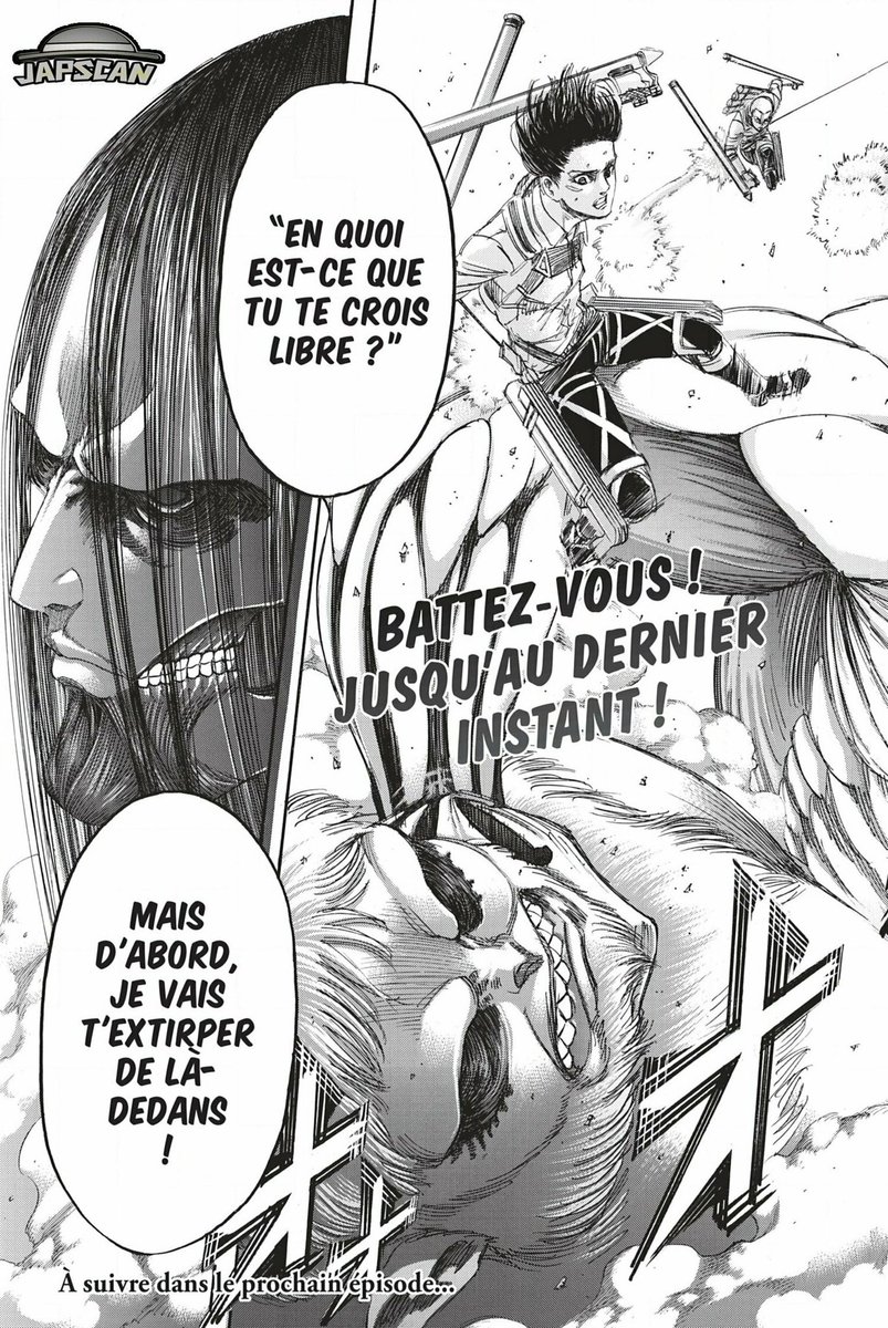 [ Manga reader] Maintenant passons aux paroles des openings et ending !Ending 4 : « Est-ce que le ciel que tu admirais tant dans ta cage est vraiment la liberté que tu cherchais ? » Cette phrase fait directement écho à celle de armin au chapitre 134