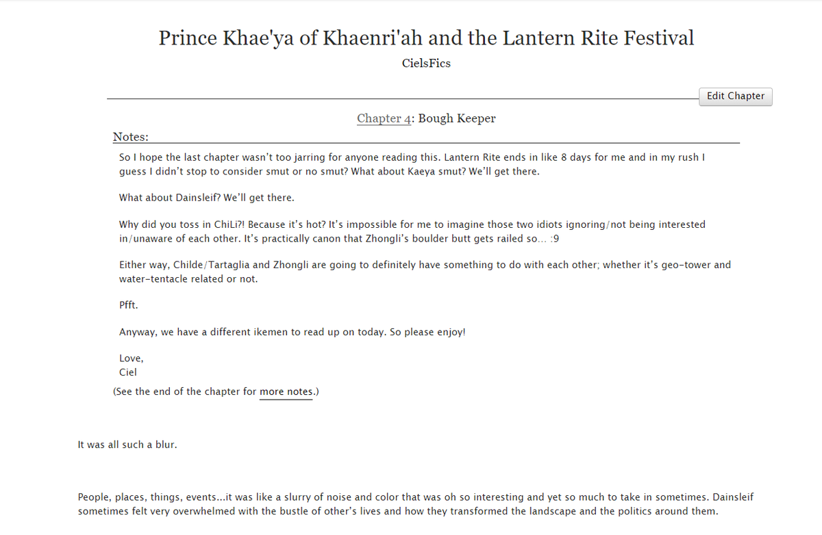 CielGenshin's tweet photo. Chapter 4 of my #AllKaeya fic, "Prince Khae'ya of Khaenri'ah and the Lantern Rite Festival" is now up! Previously, we got Diluc, Childe, and Zhongli! This time, featuring Dansleif!
Aether and Xiao make an appearance too! Happy Lantern Rite!
#LucKae #ChilKae #ZhongKae #Dainkae https://t.co/c4hz6GXSIM