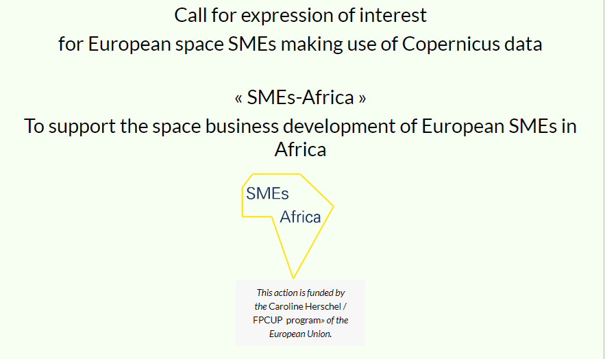 Space4Europe's tweet photo. 📣Call for expression of interest for European #space #SMEs making use of #CopernicusData in #Africa!
@AerospaceValley & @CNES will support 15 SMEs with:
👉Training
👉Legal support
👉International roadmap
Apply here before 31 March ⬇️
https://t.co/7GeLJHaDmn
@ESABICSudFrance https://t.co/aluKnOU6NE