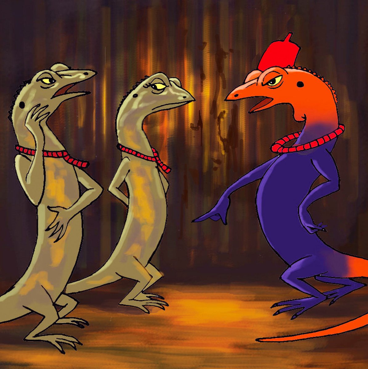 An excerpt from the story 'WHY THE LIZARD NODS IT'S HEAD. This illustration captures the moment when Ichie the lizard summons his two wives to find out which one of them had put pins in his drink. The pins got stuck in his throat, and ever since he's been nodding at everything!