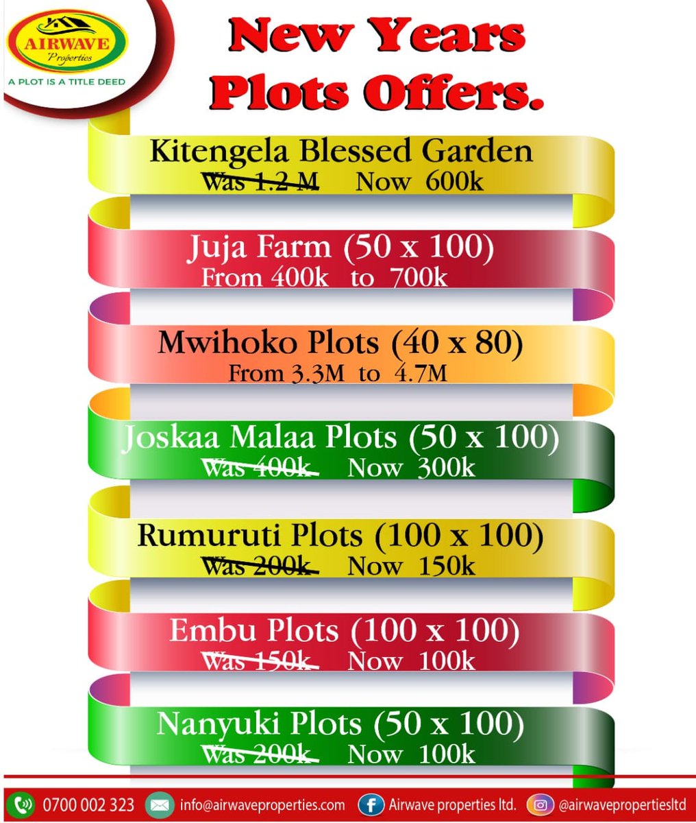 switchtvkenya's tweet photo. Are you looking for affordable plots? We got you covered! Our new year offers are still on. Contact Airwave Properties Limited. and fulfill your investment dream.
Call/WhatsApp 0700002323
#affordableplots
#aplotisatitledeed
#plots
#Airwaveprojects https://t.co/roueIlwixH