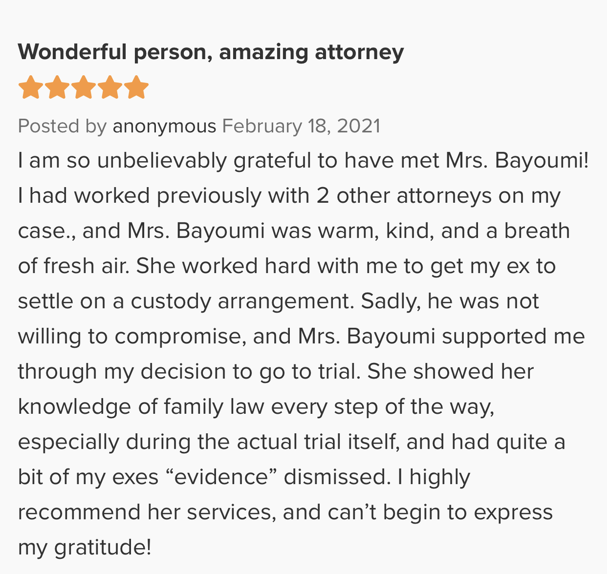 WS_Family_Law's tweet photo. This is a homerun ⭐️⭐️⭐️⭐️⭐️review for Gauri! What a trial performance! #objectionsustained #trialattorney #divorce #childcustody https://t.co/e9zzq5UNmQ