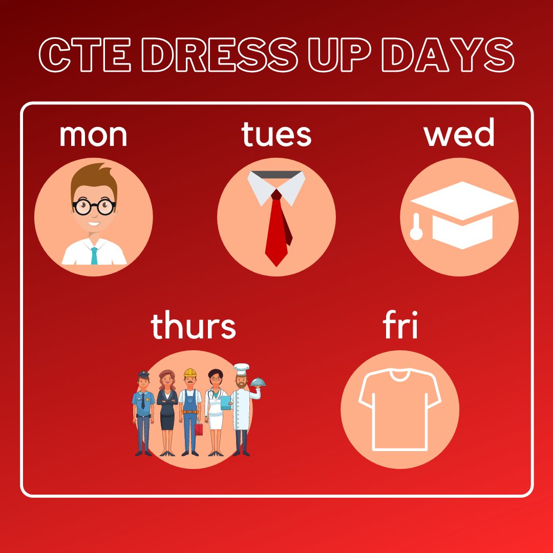 CTE Spirit Week! Dress up after winter break to show your support!
Mon, Feb 22 - dress like teacher
Tues, Feb 23 - dress professional
Wed, Feb 24 - college gear
Thurs, Feb 25 - future career 
Fri, Feb 26 - CTE shirt or uniform
#phs_spartans #ncisd #NCISD_CTE