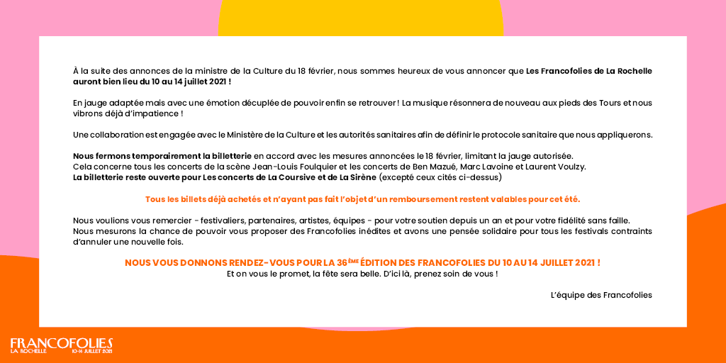 francofolies's tweet photo. Nous sommes heureux de vous annoncer que Les Francofolies de La Rochelle auront bien lieu du 10 au 14 juillet 2021 ! 🥳 https://t.co/ITq2u6yHeE