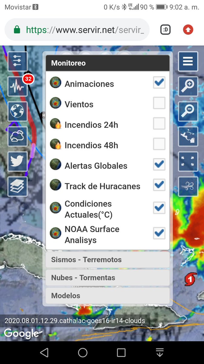 kattyaht's tweet photo. @servir_nasa Tampoco aparece las otras opciones muy útiles Alertas Globales, Condiciones Actuales y activar o no las Animaciones https://t.co/3WQKZQhpm6