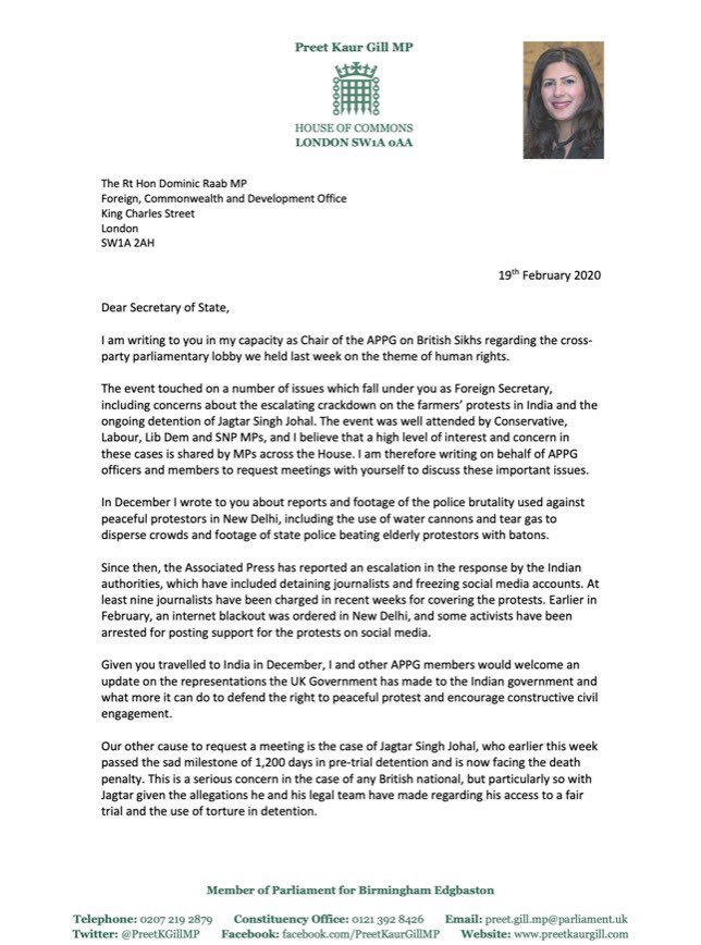 UK MP Preet Kaur Gill wrote a letter to Dominic Raab to explain what govt was doing in farmers' protest in India and in case of Jagtar Singh Johal.