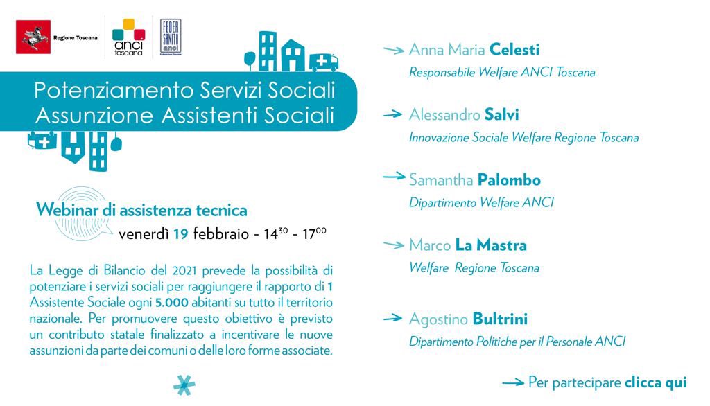 Sono 150 i partecipanti al webinar di assistenza per i Comuni sull’assunzione a tempo indeterminato di nuovi assistenti sociali.

#regionetoscana
#AnciToscana