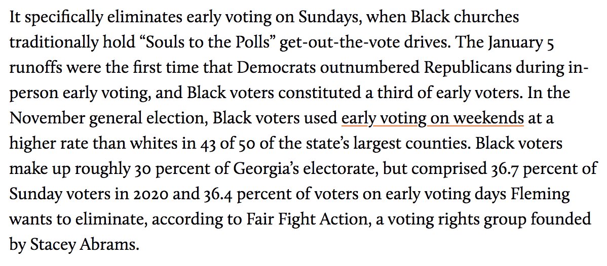 Georgia Republicans want to eliminate Sunday voting, when Black churches hold Souls to the Polls get out the vote drivesBlack voters are roughly 30% of Georgia's electorate but make up 36.7% of Sunday voters, according to  @fairfightaction