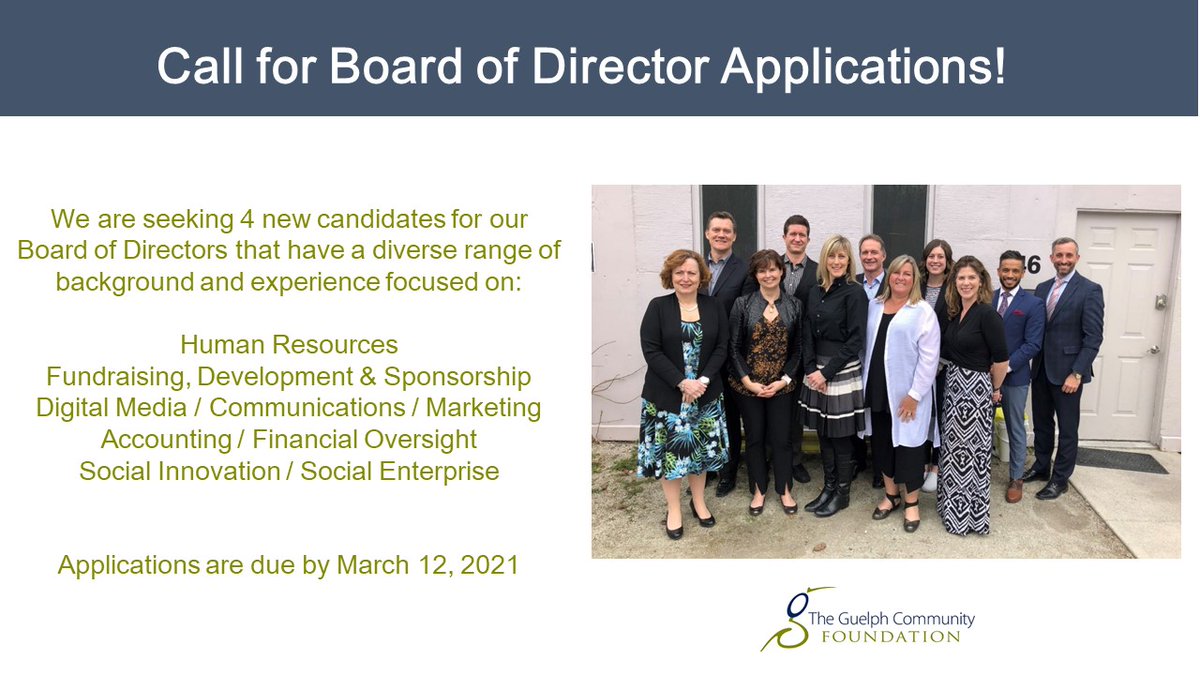 GuelphCF's tweet photo. Are you a leader interested in being part of a movement to create a sustainable future for #Guelph and #WellingtonCounty?

We're looking for 4 new community members to join our Board of Directors! 

Learn more at: https://t.co/pwJ5b67byW

Deadline to apply is March 12, 2021 https://t.co/j8gPktlOEQ