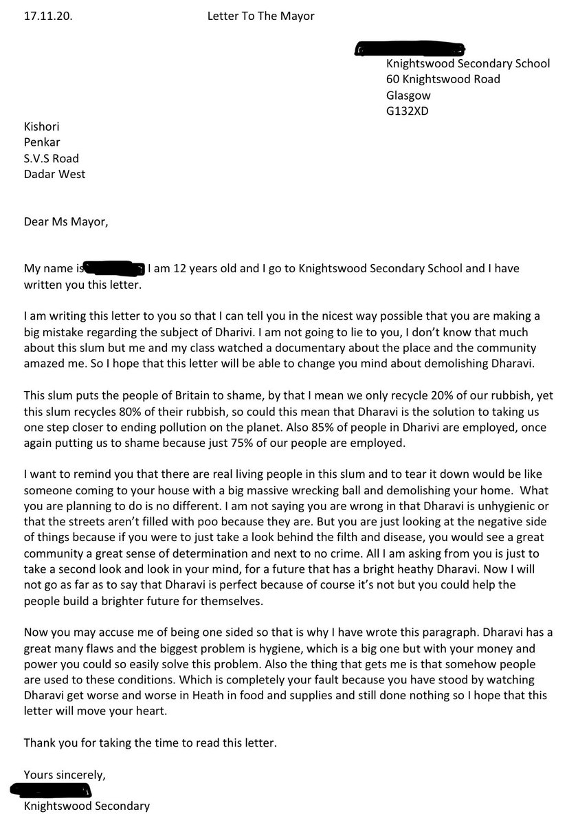 Was just sent this after the pupil sent it to the wrong email in Nov. After studying Dharavi(a slum)I asked them to write to the mayor of Mumbai to talk about how they felt about it, I think this does the job👌🏻👏🏻🥰🌎 I’m so proud, it’s amazing! <a href="/Humanities_KSS/">KSS Humanities</a> 
<a href="/KnightswoodSec/">KSS</a>