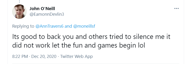 Richard_Ardvark's tweet photo. Most of you will be familiar with the Shinnerbot troll John O'Neill. He got banned from Twitter for harassing Ann Travers and the first thing his reconstituted account did was to send her threatening msgs. What esteemed civic nationalist figures could follow an account like that? https://t.co/UD45bA6nzI