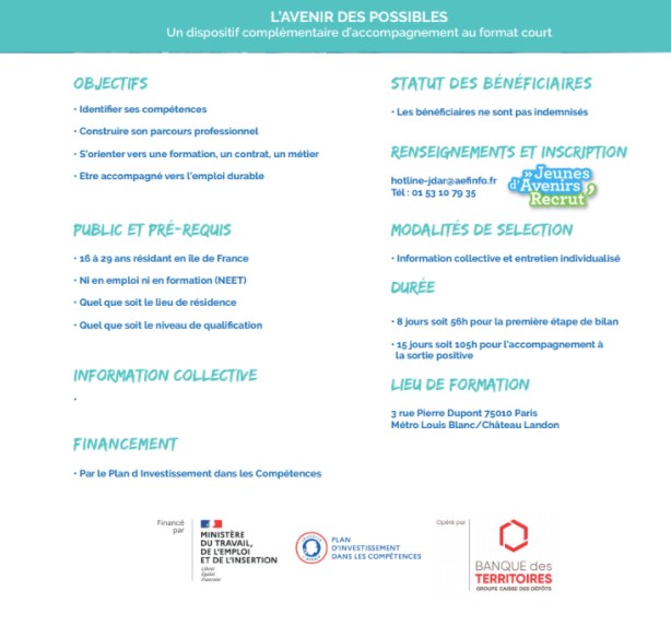L’Avenir des Possibles, programme d’accompagnement renforcé, proposé par IGS Paris pour optimiser l’accès durable des jeunes à l’emploi, la formation, et l’alternance, est proposé à tous les franciliens de 16 à 29 ans à Paris, deux fois par mois jusqu’en août 2022.