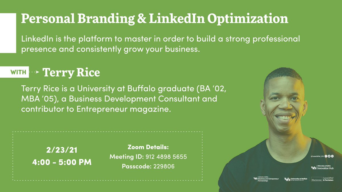 Are you on #LinkedIn? Turn your LinkedIn presence into meaningful connections that focus on impact and revenue generation!

Learn how with Terry Rice in his first speaking event of the series 2/23 using the zoom link below

buffalo.zoom.us/j/91248985655?…