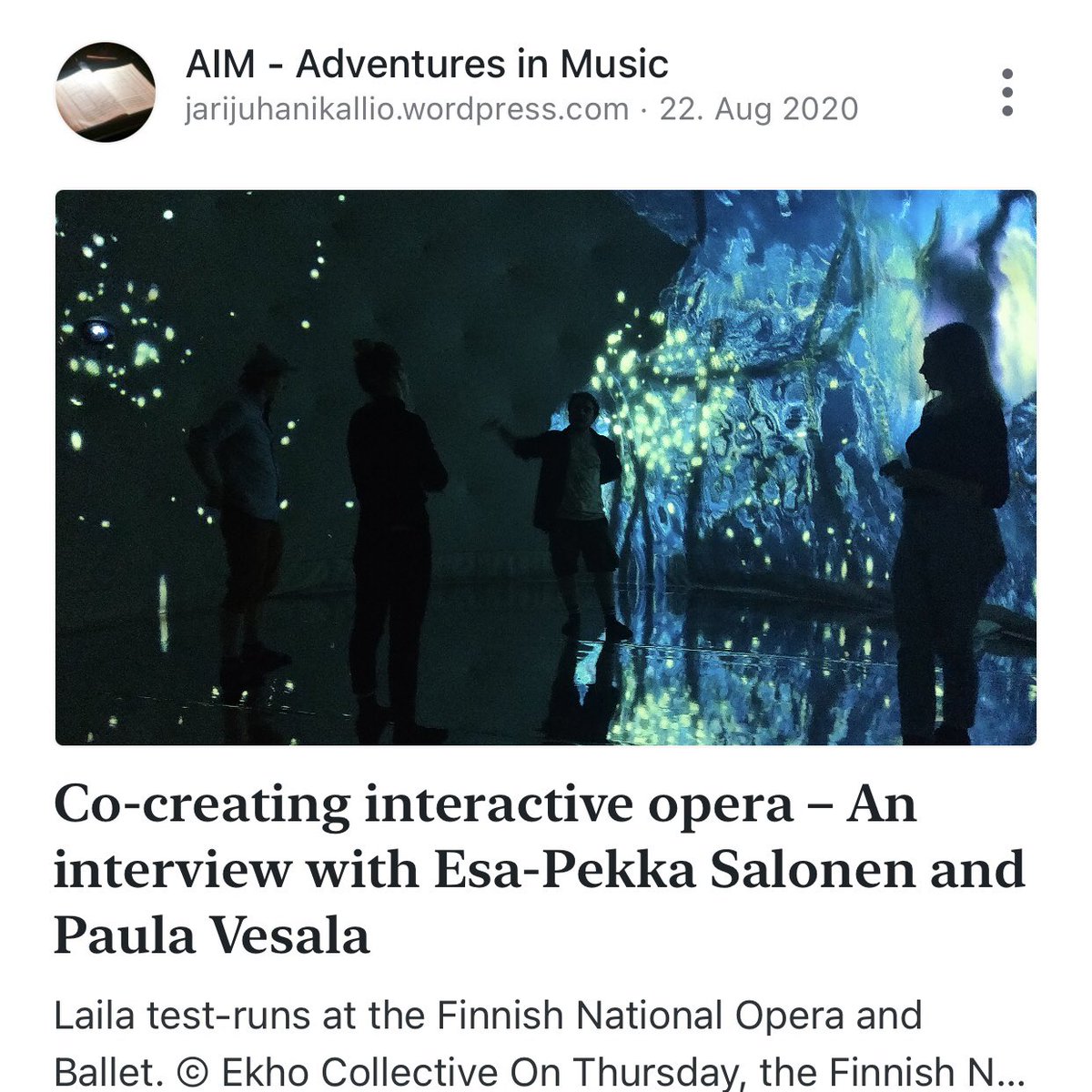 Laila, the interactive opera by <a href="/esapekkasalonen/">Esa-Pekka Salonen</a> &amp; <a href="/paulavesala/">Paula vesala</a> &amp; <a href="/EkhoCollective/">Ekho Collective</a> goes to Oulu <a href="/Musiikkijuhlat/">Oulun Musiikkijuhlat</a> in March!! Upon its @oopperabaletti world premiere in August 2020, I sat down with Salonen and Vesala for an interview for #AdventuresInMusic: jarijuhanikallio.wordpress.com/2020/08/22/co-…