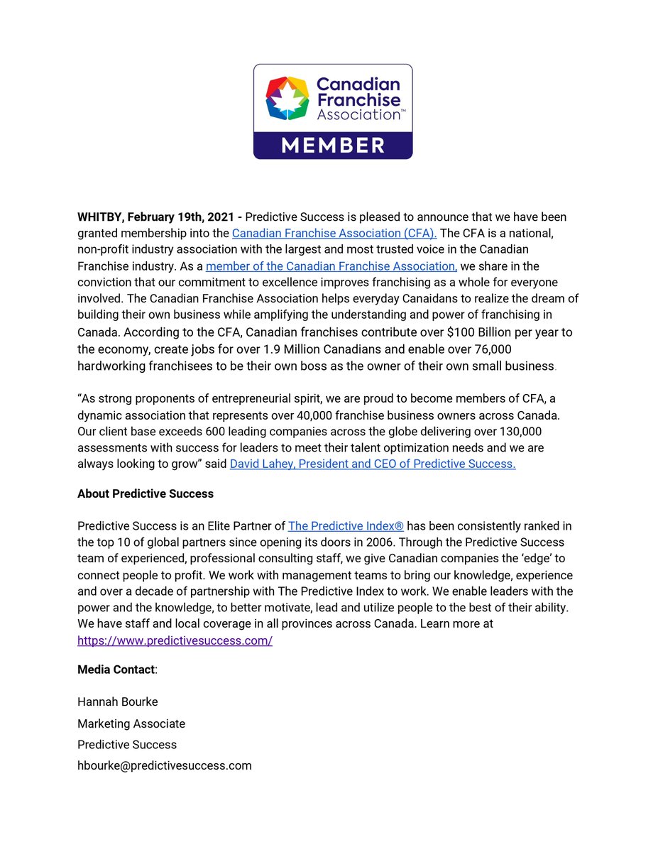 PredictSuccess's tweet photo. We are proud to announce we have been granted membership into the @CFAFranchise. The CFA is a national, non-profit industry association with the most trusted voice in Canadian franchising. #cfamember https://t.co/zs80mpeIt3