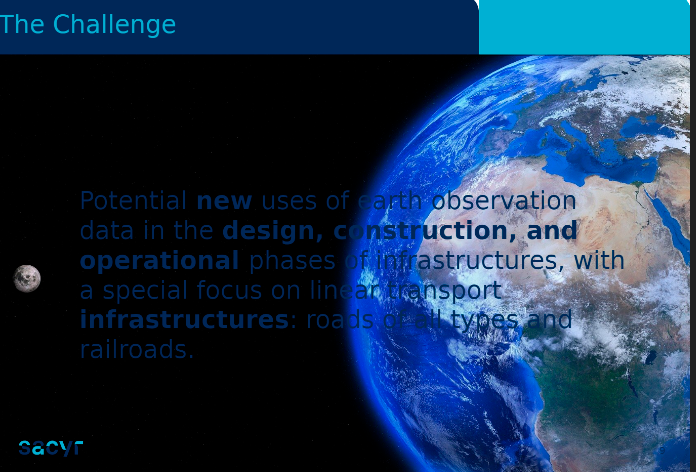 go2space_hubs's tweet photo. #Go2SpaceHackathon Aranzazu Rodriguez from
@SomosSacyr presents the #challenge: to find potential uses of #EO data in the phases of design, construction and operation of infrastructures, with a special focus on linear #transport #infrastructures: #roads of all kinds & #railways https://t.co/ymKIPBp5GF