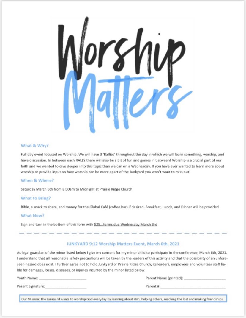 JunkyardTweets's tweet photo. 9:12 parents and students, here is the registration for our one day worship event. We are so excited to provide this and our team is working hard to plan something amazing!! https://t.co/XVxPhg3Dar