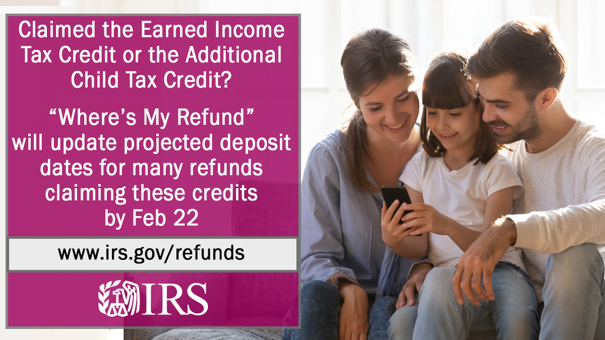 In 2021, the #IRS ‘Where’s My Refund” tool will be updated by Feb 22 with projected refund deposit dates for many taxpayers who’ve claimed the Earned Income Tax Credit or #EITC. ow.ly/r8Yf50DCDGp