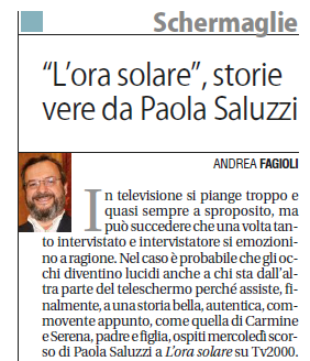 "L' ora solare, storie vere da Paola Saluzzi" 
così oggi #19febbraio Andrea Fagioli su <a href="/Avvenire_Nei/">𝐀𝐯𝐯𝐞𝐧𝐢𝐫𝐞</a> 
parla del programma di <a href="/TV2000it/">Tv2000.it</a> condotto da <a href="/paola_saluzzi/">Paola Saluzzi</a> 

<a href="/andreafagioli56/">Andrea Fagioli</a> <a href="/orasolaretv2000/">L'Ora Solare</a>