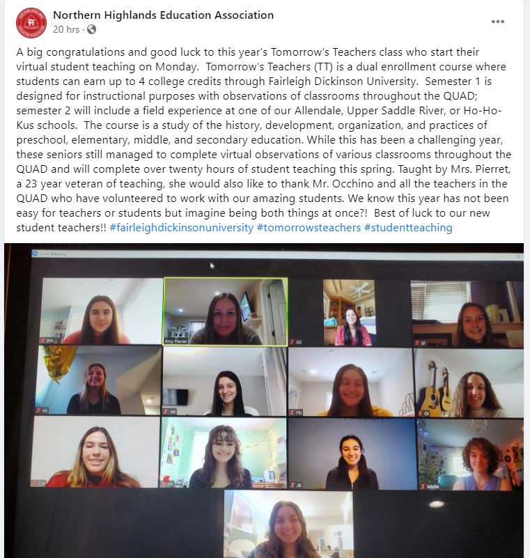 nhrhs1's tweet photo. We wish our Tomorrow's Teachers students the best of luck as they embark on their virtual teaching placements! Thank you, Mrs. Pierret, for guiding this year's class! We know your students will be well-prepared! #FutureEducationalLeaders #TeachingChangesLives #WeAreNHEA https://t.co/VUKfNjPqSW