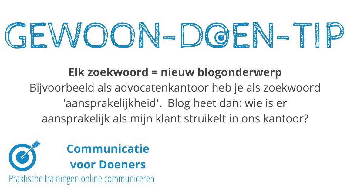 Wat moet je nu weer vertellen op sociale media, in je nieuwsbrief of op je website? Gebruik de zoekwoorden die je doelgroepen gebruiken om een oplossing te vinden die leidt naar jullie product of dienst. #gewoondoentip #bereikmeerklanten #blogonderwerpen