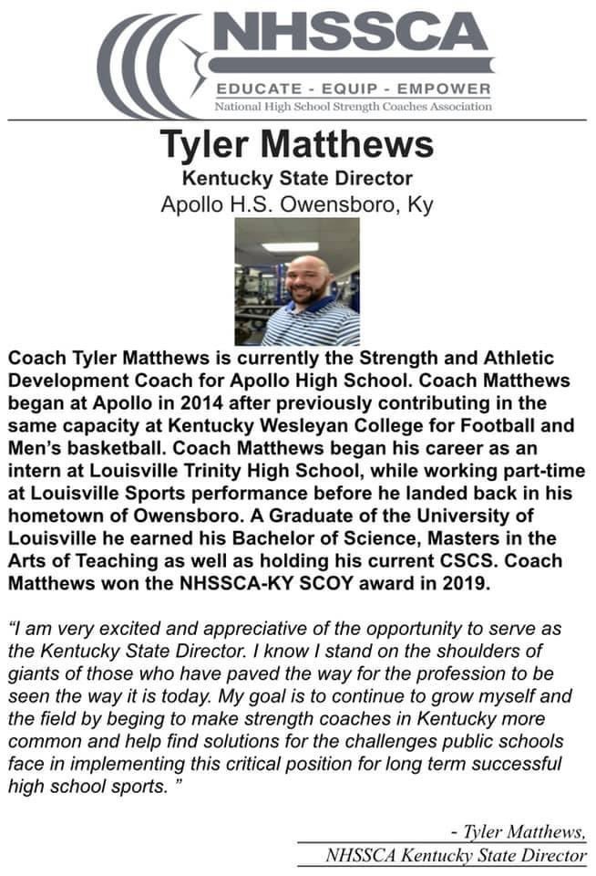 Apollo strength and athletic development coach Tyler Matthews is now the Kentucky state director of the NHSSCA. <a href="/AthleticsApollo/">Apollo Eagles Athletics</a> <a href="/AHSEagleNation/">EagleNation</a>