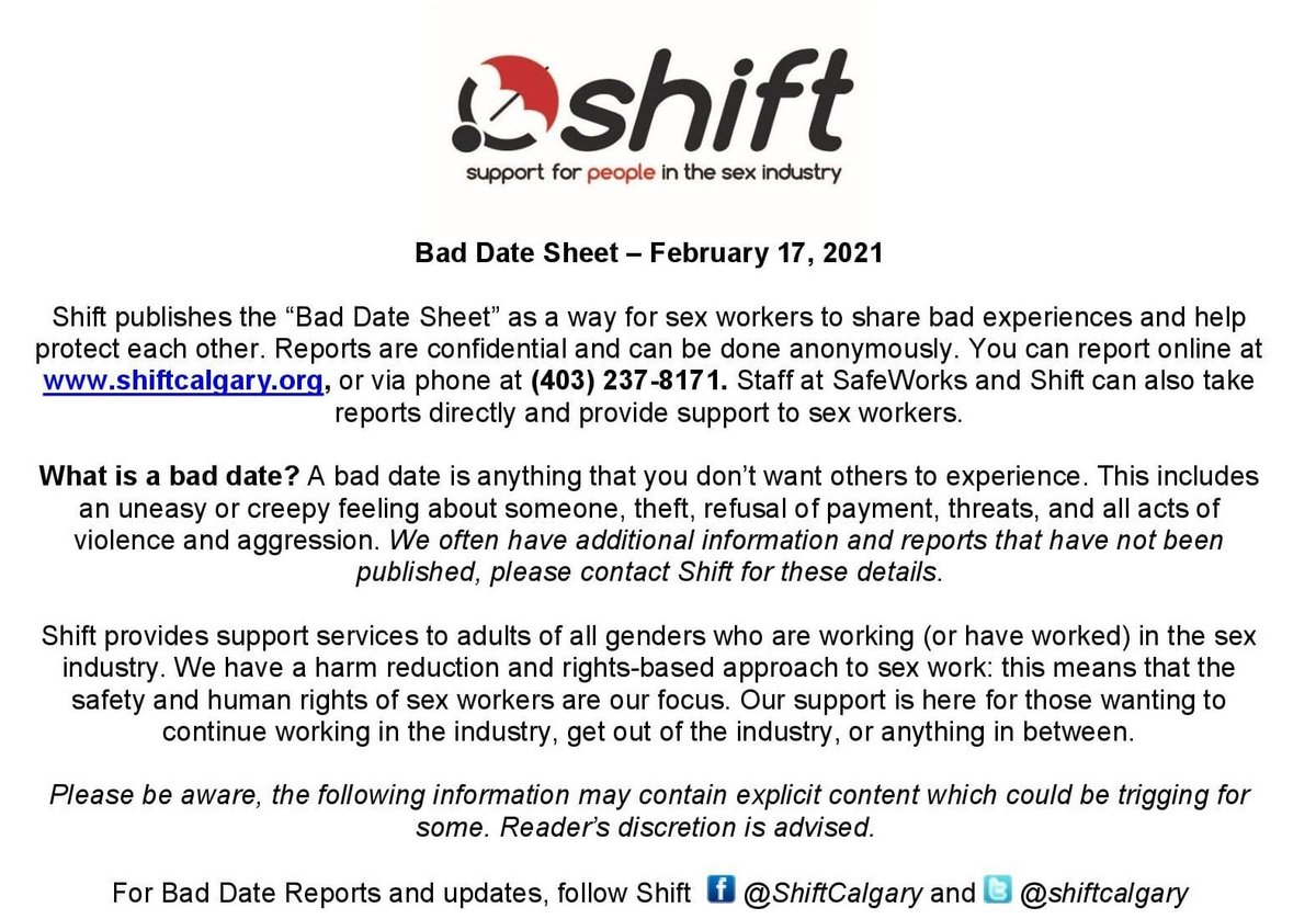 shiftcalgary's tweet photo. Shift has updated our Bad Date Sheet. Check it out and be sure to report if needed! Help keep the community safe ❤️ https://t.co/5w62O2iOP1