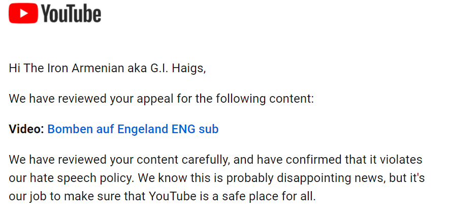 TheIronArmenian's tweet photo. One of the strikes I tried to appeal got REJECTED. 

This strike is on a 6 YEAR OLD UNLISTED VIDEO WITH 0 VIEWS why???

I tried to contact Youtube Chat support and they could not help so all that’s left is to @youtube until this is fixed. I didn’t want to cause a fuss. https://t.co/fclnSI2fHI