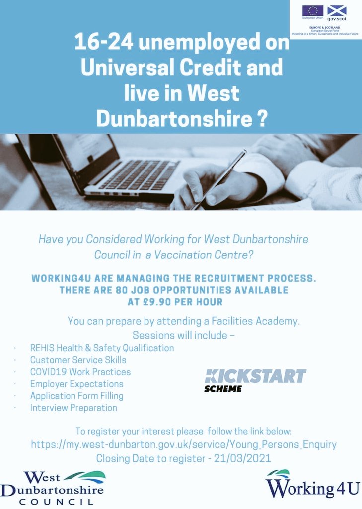 ****Jobs Jobs Jobs****

WDC have 80 temp jobs &amp; training open to 16-24yr old residents of West Dunbartonshire unemployed and on Universal Credit

Closing date 21st March 2021

***Pay £9.90/hr***

If interested please click the link below to register: 

my.west-dunbarton.gov.uk/service/Young_…