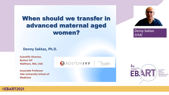 eugin_en's tweet photo. We continue with the final two presentations at #EBART2021 🔎✨
Dr. @DennySakkas1 (USA) from @BostonIVF will answer the question: When should we transfer in women of advanced maternal age? #ART #IVF https://t.co/EZcOey1cIM