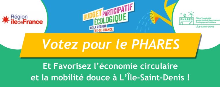 Le PHARES fait appel à vos votes au budget #participatif de la Région IdF pour financer 3 installations sur L’Île-Saint-Denis :

🚴‍♀️ Un parking à #vélo

🔧 Une borne d’auto-réparation de vélos 

🌱 De nouveaux #composteurs 

Pour voter, c'est par ici 👉 cutt.ly/fleOaYN 👈