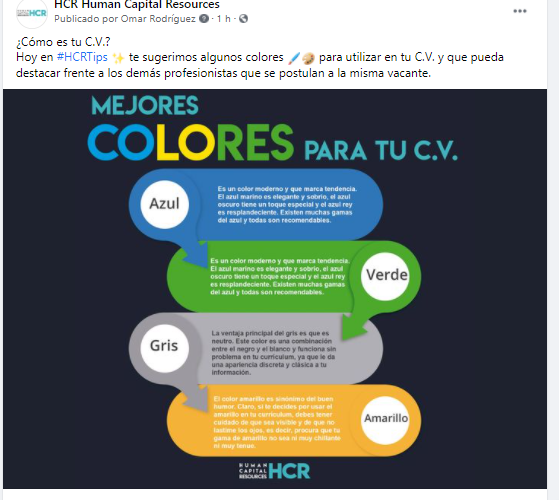 mexhcr's tweet photo. ¿Cómo es tu C.V.?
Hoy en #HCRTips ✨ te sugerimos algunos colores 🖌🎨 para utilizar en tu C.V. y que pueda destacar frente a los demás profesionistas que se postulan a la misma vacante. https://t.co/B3i2da15kd