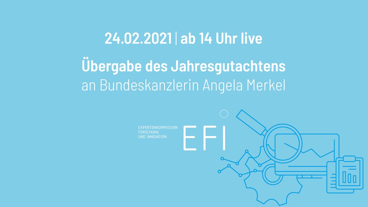 Erinnerung:
Heute, 14 Uhr: Übergabe des #EFIGutachten2021 an Bundeskanzlerin #Merkel und die #Bundesregierung live auf Twitter. Themen:
- Corona u. F&amp;I
- Neue Missionsorientierung
- Aus- &amp; Weiterbildung u. Digitalisierung
- CRISPR/Cas
- Prioritäten F&amp;I neue Legislatur