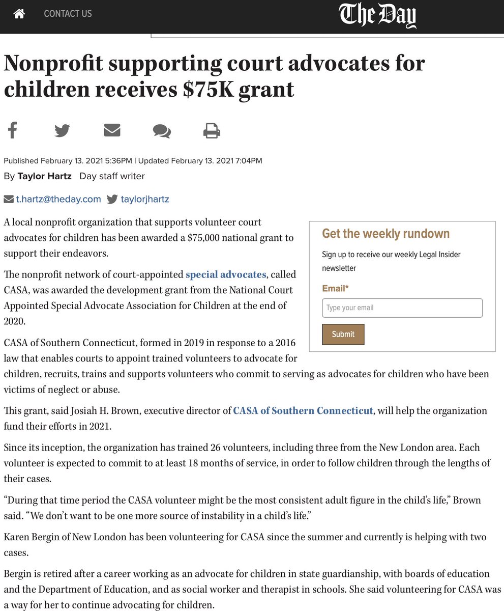 .<a href="/thedayct/">The Day</a> (<a href="/taylorjhartz/">Taylor Hartz</a>) reports on our work in #NewHaven, eventually #NewLondon #Middlesex counties. Volunteer K. Bergin discusses #CASA movement for #CT #children.
<a href="/NationalCASAGAL/">National CASA/GAL Association for Children</a> <a href="/OJPOJJDP/">OJP OJJDP</a> <a href="/CTDCF/">CT DCF</a> <a href="/ConnCASA/">Connecticut CASA</a>
#Volunteer (or #donate); #ChangeAChildsStory
theday.com/policefirecour…