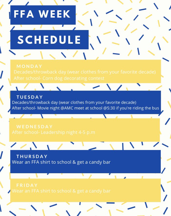 BeechGroveFFA's tweet photo. Members FFA Week starts Monday! Here’s the schedule of events for the week, it’s going to be such a fun week! Come to an event and bring a friend! https://t.co/h7mPSbHpqo