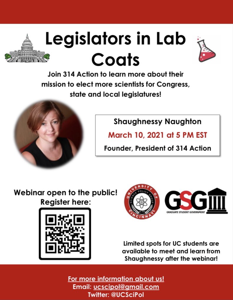 UCSciPol's tweet photo. Want to make your mark as a scientist on Capitol Hill? Join us and @GSG_UC for a webinar w/ @314action’s President/Founder Shaughnessy Naughton on March 10th at 5 PM EST. Open to the public! @uofcincy students eligible to meet after the webinar! RSVP here: https://t.co/i2fNcCObcc https://t.co/ehTT0V3FYH