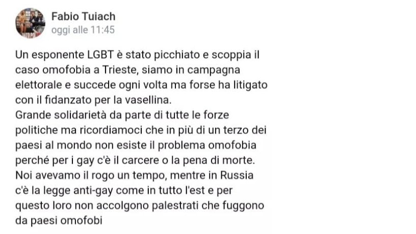 Queste sono le dichiarazioni disgustose di Fabio Tuiach, consigliere comunale di Trieste della Lega. 

Non possiamo permettere che nelle istituzioni del nostro paese ci sia spazio per queste posizione omofobe e odiose.
