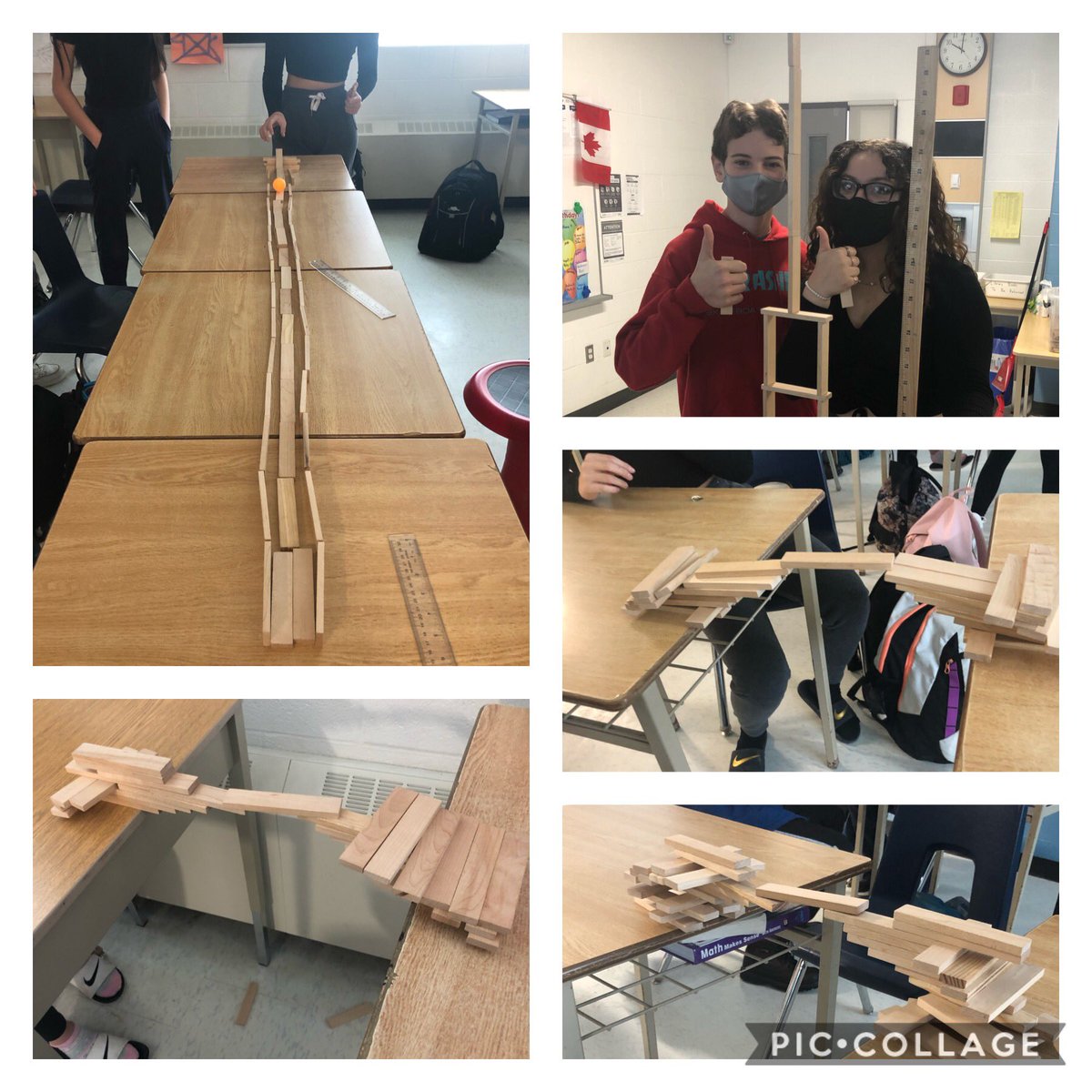 sarahbreilly's tweet photo. Cooperative #keva challenges. Engineering, perseverance, forces and communication were critical for success. @boyne_river Bridge over a 30 cm span, tower over 1 m with only 20 planks, track that a ball will roll over 2 m! https://t.co/ujKleHsfjC