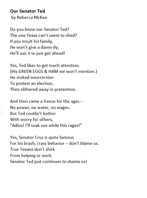 bsmarter_read's tweet photo. Loved this limerick challenge -- gave me something to think about besides the cold and ice. #TedFled #TexasFreeze2021 #SenatorSnowflake https://t.co/zlSLMjFF5j