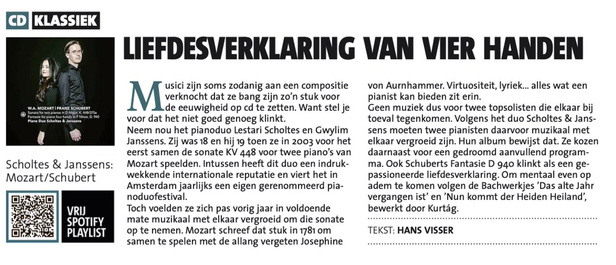 Mooie recensie over onze nieuwe cd in het Noord-Hollands Dagblad! ‘...Volgens het duo Scholtes &amp; Janssens moeten twee pianisten daarvoor muzikaal met elkaar vergroeid zijn. Hun album bewijst dat...’ ✨#mozart #schubert #pianoduo