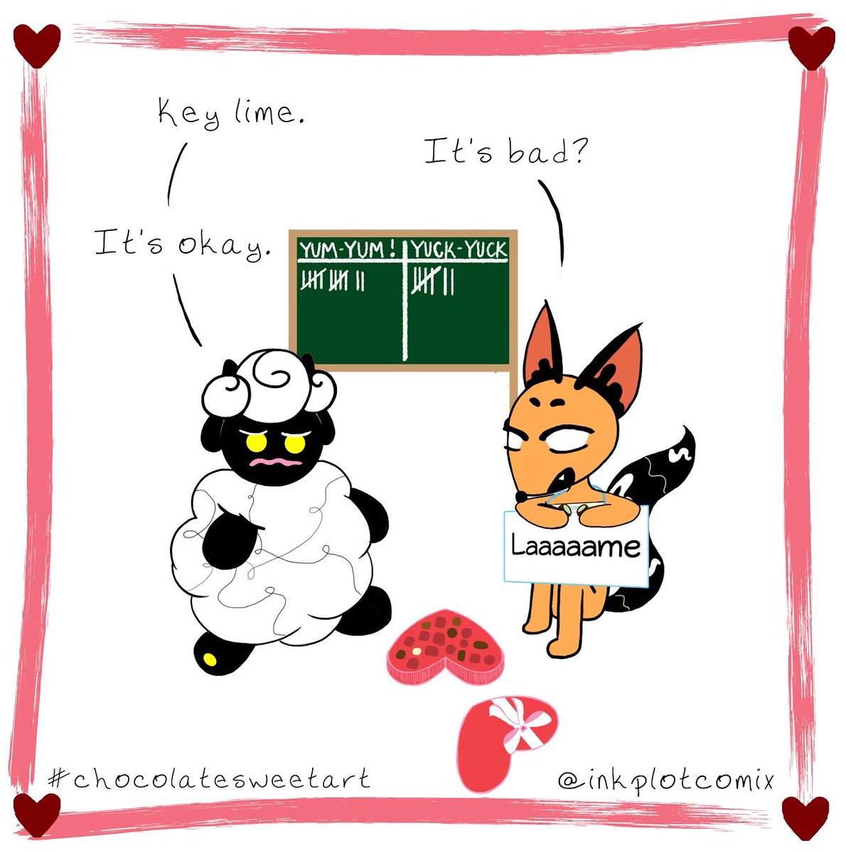 inkplotcomix's tweet photo. Guys, I think Sketch is getting a little worn down. Her taste buds are starting to go numb. Give her some cheer to get through one last week of #chocolatesweetart! #assortedchocolates #keylime #sourface #webtoons #webcomics #comix #digitalart https://t.co/RCmvEbTQcJ