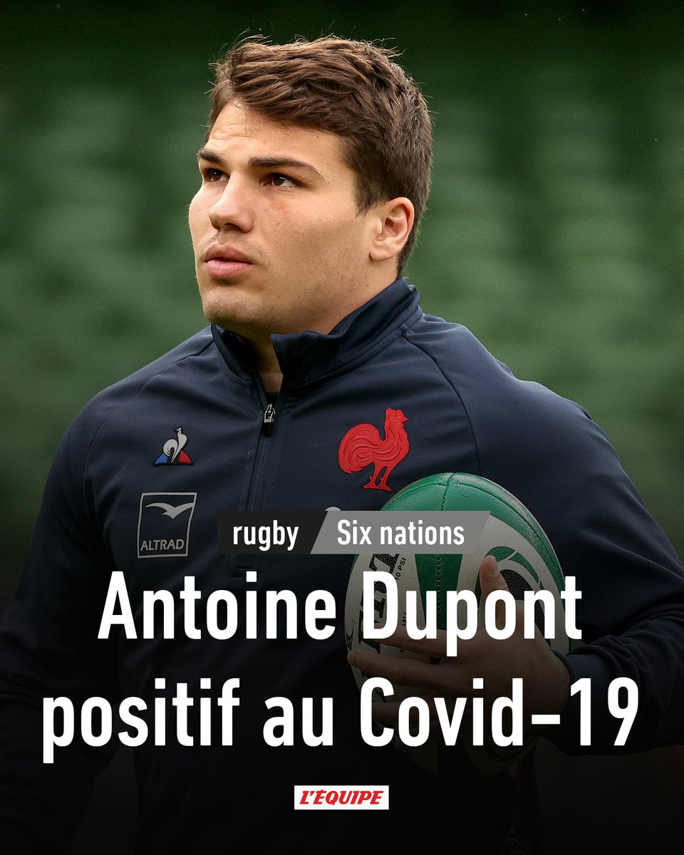 lequipe's tweet image. Antoine Dupont, testé ce vendredi comme l'ensemble des joueurs du groupe France, est le seul cas positif sur les douze premiers résultats reçus par la FFR. Sa participation au match contre l'Écosse, le 28 février, est remise en cause &amp;gt; ow.ly/sTmP50DETsY