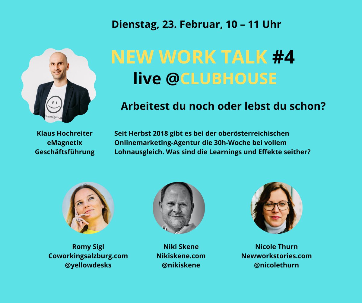 nikiskene's tweet photo. Der wöchentliche NEW WORK clubhouse room geht in die nächste Runde. "Arbeitest du noch, oder lebst du schon"? Eine spannende Diskussion ist zu erwarten, besonders freue ich mich auf unseren Gast, Klaus Hochreiter
STD: 23.02.2021, 10:00-11:00 Uhr
Clubhouse
(follow me @nikiskene) https://t.co/a9MpZNehNO
